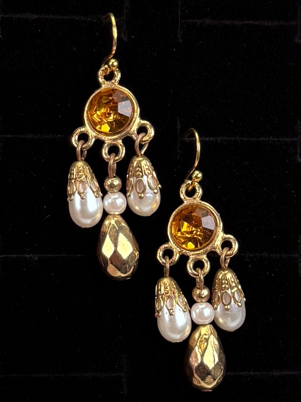 Vintage Goldtone and Faux Pearl Amber Colored Pierced Drop Earrings